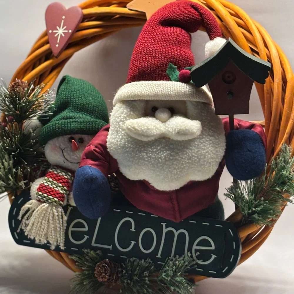 Vintage Festive Santa and Snowman Holiday Wreath